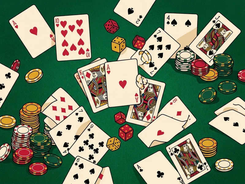 Cartes de poker, jetons et dés répartis sur un tapis vert